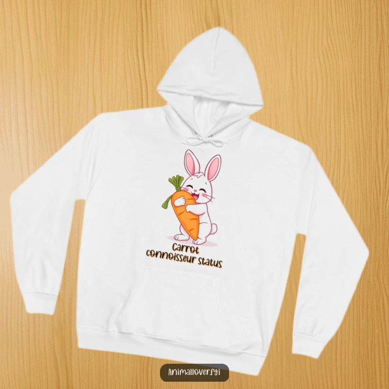 Funny hoodie depicting a joyful bunny hugging an oversized carrot, radiating warmth and happiness. A cozy, humorous present.