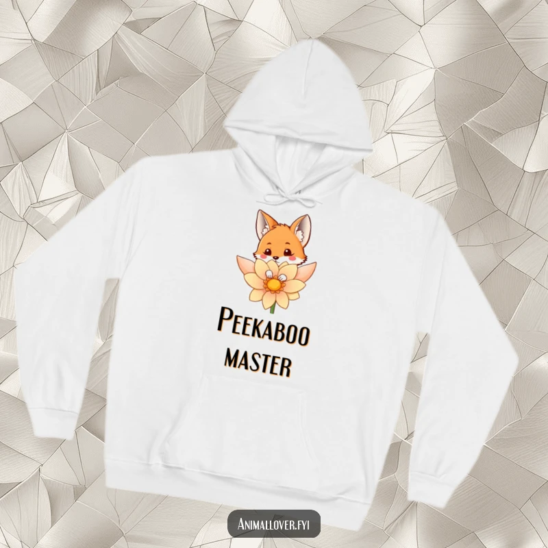 Funny hoodie featuring a curious fox peeking from behind a colorful flower, perfect for staying warm and whimsical.