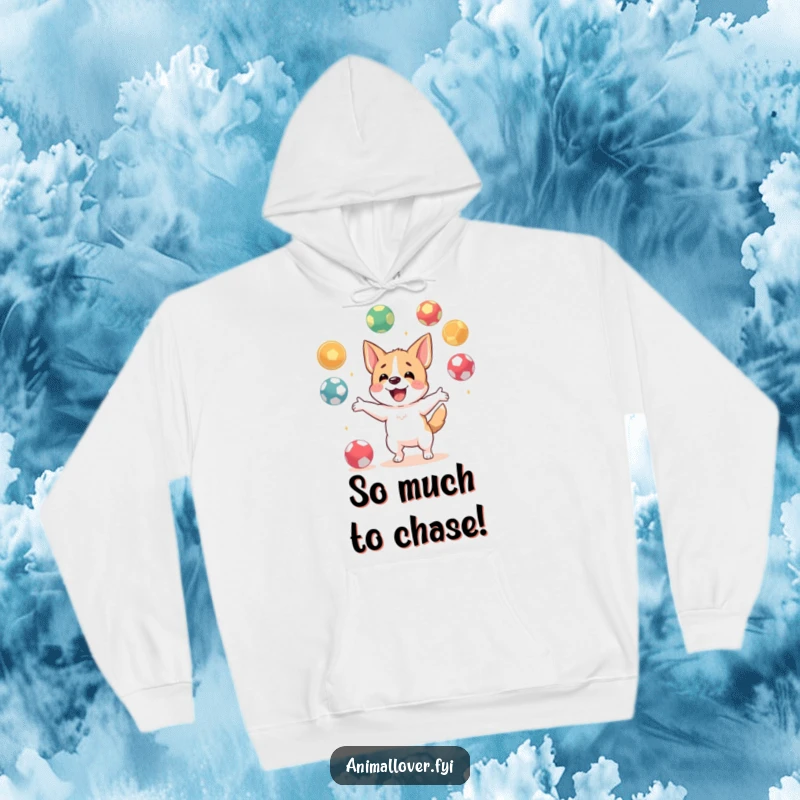 Funny hoodie depicting a happy dog character skillfully juggling several balls, offering a sense of playful energy and warmth.