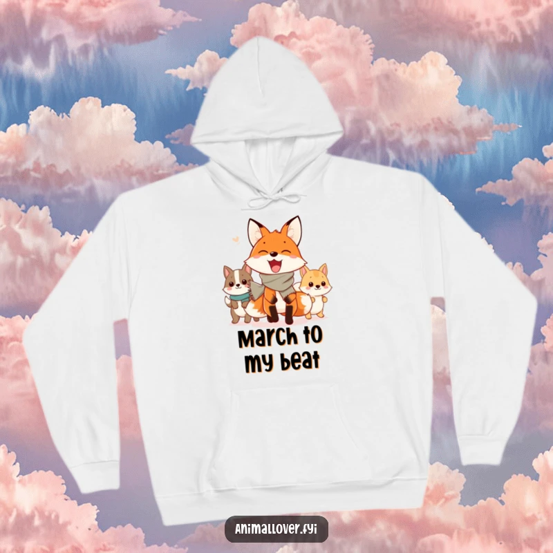 Funny Hoodie: A joyful fox wearing a scarf leads a vibrant parade of animals, spreading happiness and warmth in this design.