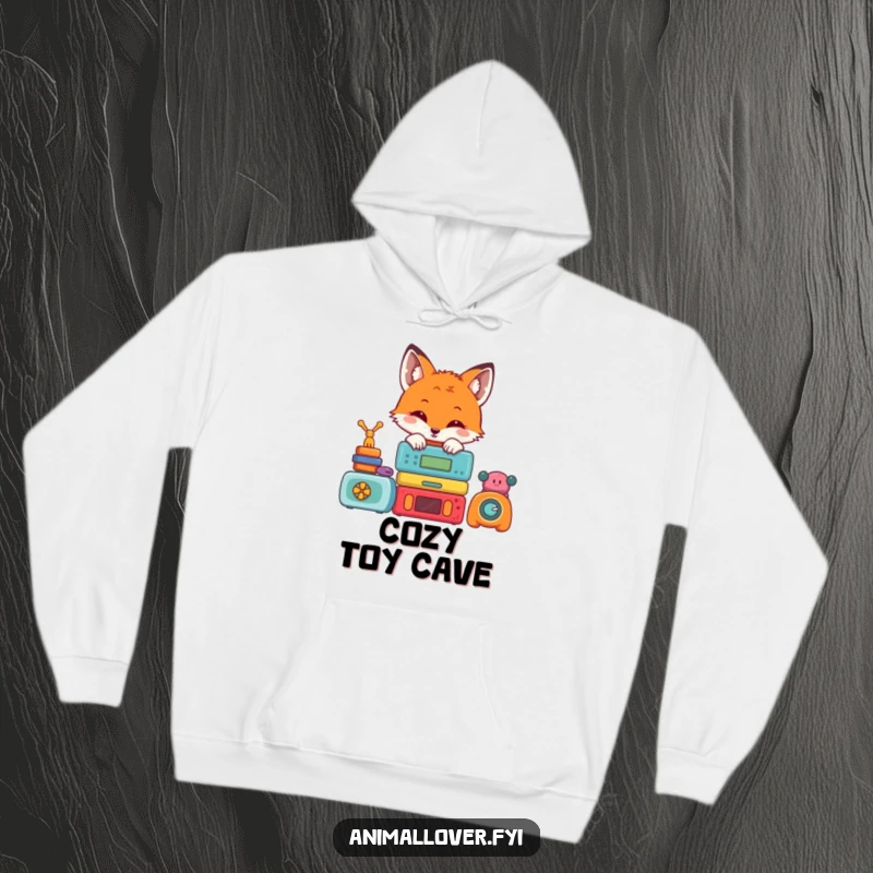 Funny hoodie with a cute fox peeking from behind a vibrant stack of toys, offering warmth and playful charm.