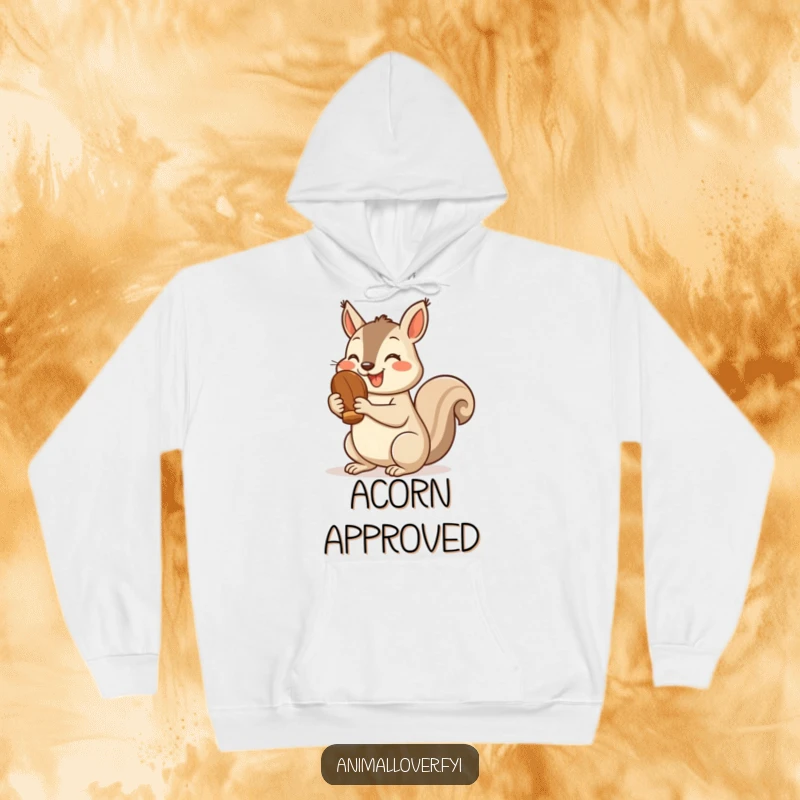 Funny squirrel hoodie depicting a cheerful squirrel holding a nut and giving a thumbs up, radiating warmth and happiness.