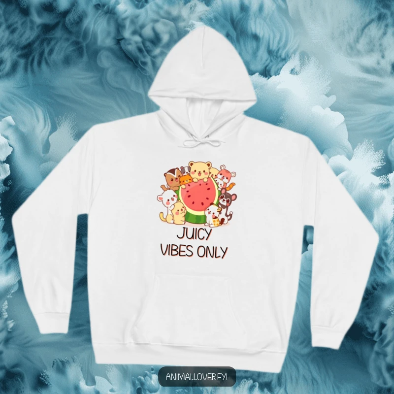 Funny hoodie depicting a delightful bunch of animals enthusiastically sharing a huge watermelon slice, perfect for cozy, humorous relaxation.