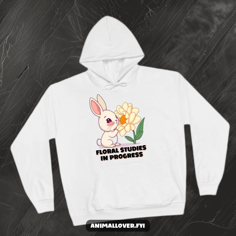 Funny hoodie design of a curious rabbit sniffing a giant flower, embodying wonder and gentle humor.