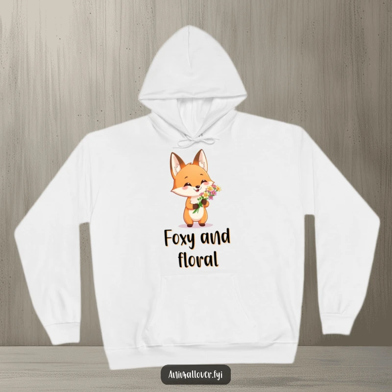 Funny hoodie depicting a happy fox presenting flowers, offering warmth and a touch of natural beauty. A cozy, charming present.