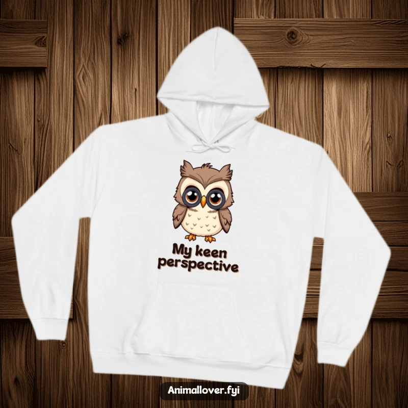 Funny Curious Owl Hoodie featuring an owl with big eyes looking through binoculars, offering warmth and a sense of wonder.