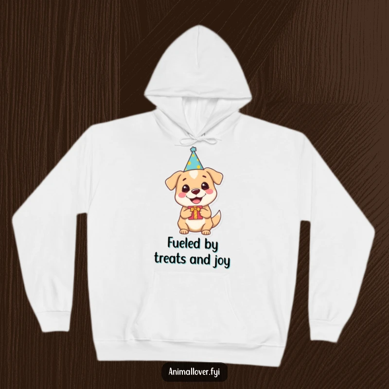 Funny dog hoodie showcasing a cute dog wearing a party hat and holding a gift, ideal for cozy, humorous relaxation.