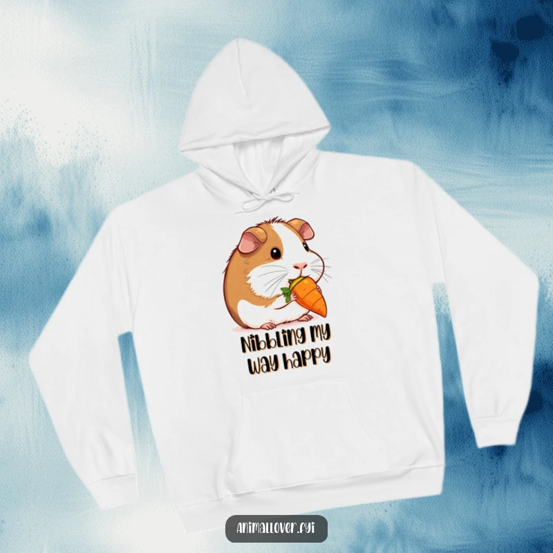 Funny contented guinea pig nibbling a miniature carrot on a hoodie, providing cozy comfort with an adorable and humorous theme.