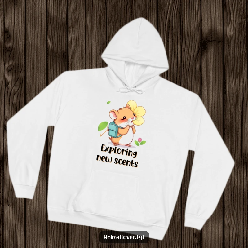 Funny Hamster Hoodie: A warm, comfortable hoodie displaying a curious hamster wearing a backpack while sniffing a large, vibrant flower.