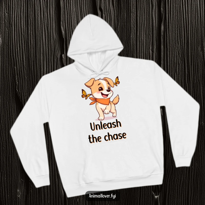 Funny hoodie featuring a happy dog wearing a bandana, wagging its tail ecstatically while chasing a butterfly.