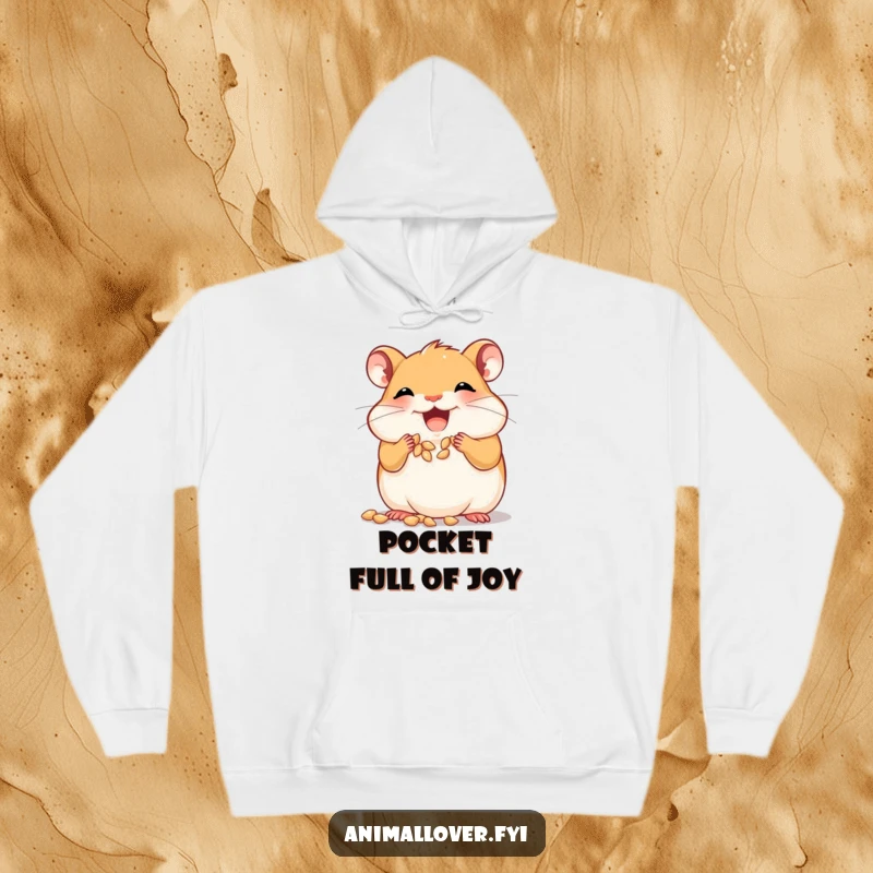 Funny joyful hamster hoodie stuffing its cheeks with tiny seeds, offering warmth and a dose of adorable hoarding.