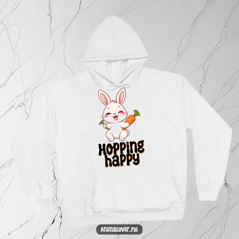 Funny hoodie with a joyful rabbit giggling while holding a carrot, offering warmth and cheerful vibes.
