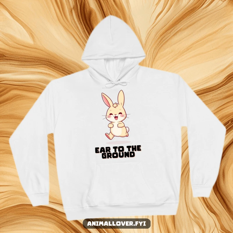 Funny playful rabbit hoodie hopping excitedly with ears perked high, offering warmth and a boost of cheerful energy.