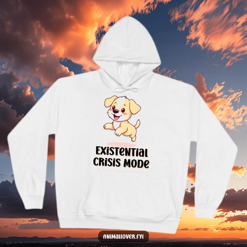 Funny puppy hoodie illustrated with a joyful pup spiraling after its tail, a heartwarming and amusing design.