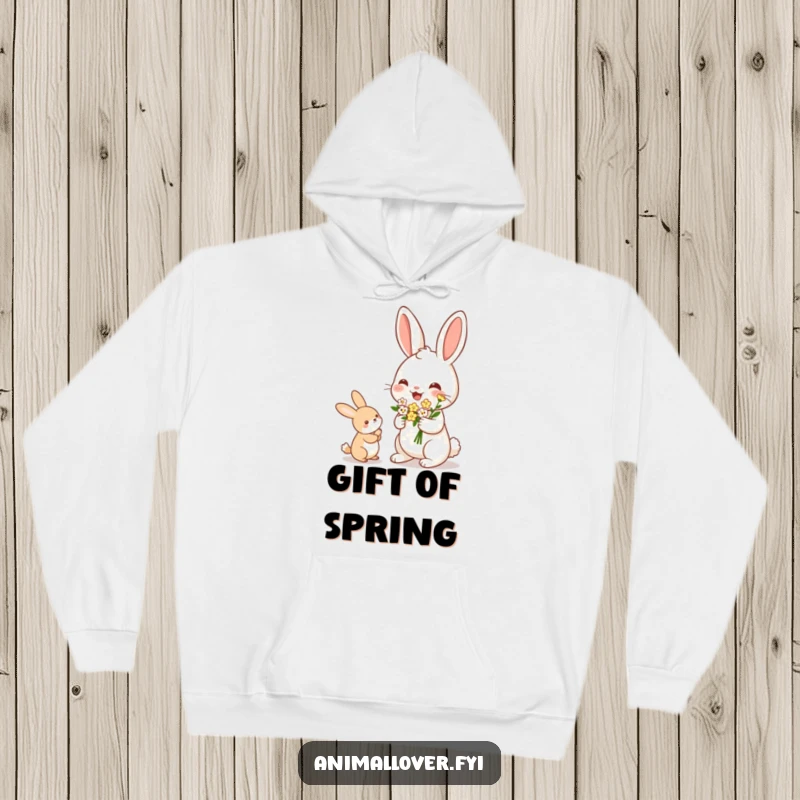 Funny Rabbit Hoodie: A cozy hoodie featuring a cheerful rabbit holding out a bouquet of tiny flowers with a friendly expression.