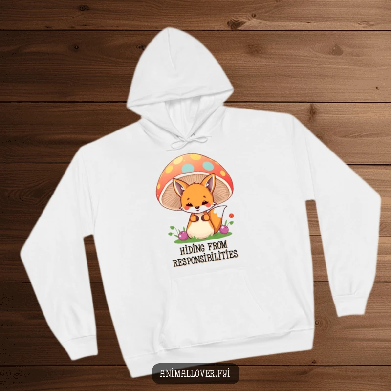 Funny fox hoodie depicting a playful creature peeking from behind a vibrant, oversized mushroom, ideal for outdoor enthusiasts.