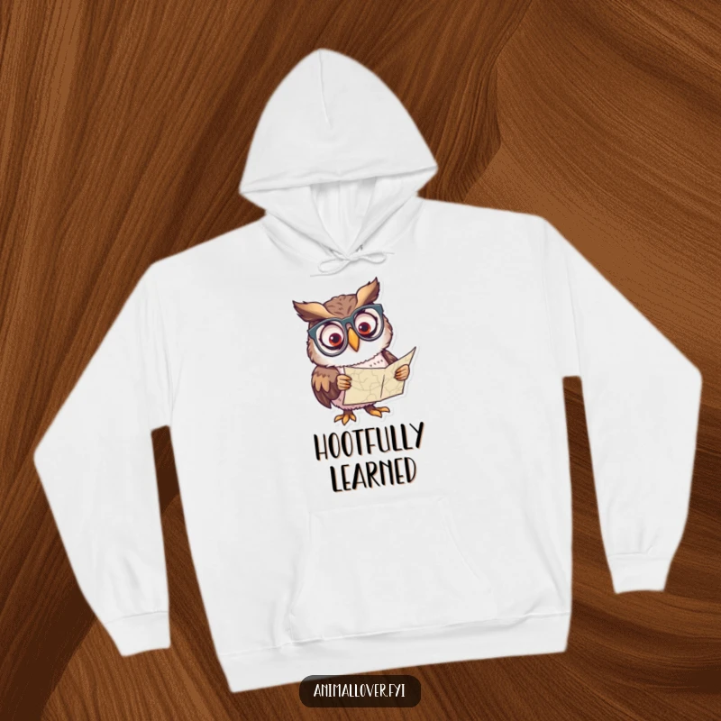 Funny hoodie with a curious owl wearing spectacles, intensely looking at a map, very warm and wise.