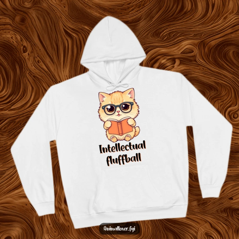 Funny Hoodie graphic of a fluffy cat with spectacles, holding an upside-down book, looking endearingly clueless.