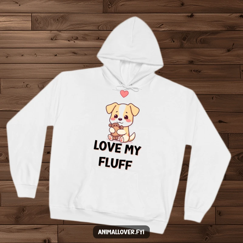 Funny dog hoodie design with a dog holding a toy, heart icon above, symbolizing unconditional love in a humorous way.