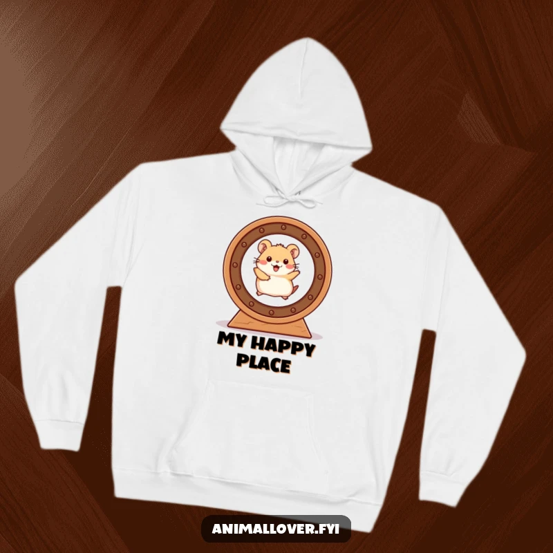 Funny Hamster Hoodie depicting a happy hamster spinning wildly in its wheel, radiating pure delight.