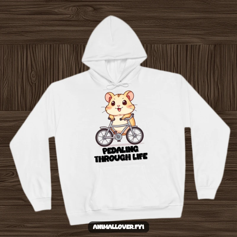 Funny Hoodie depicting a joyful hamster with bulging eyes, cycling a tiny bike, radiating speed and pure happiness.
