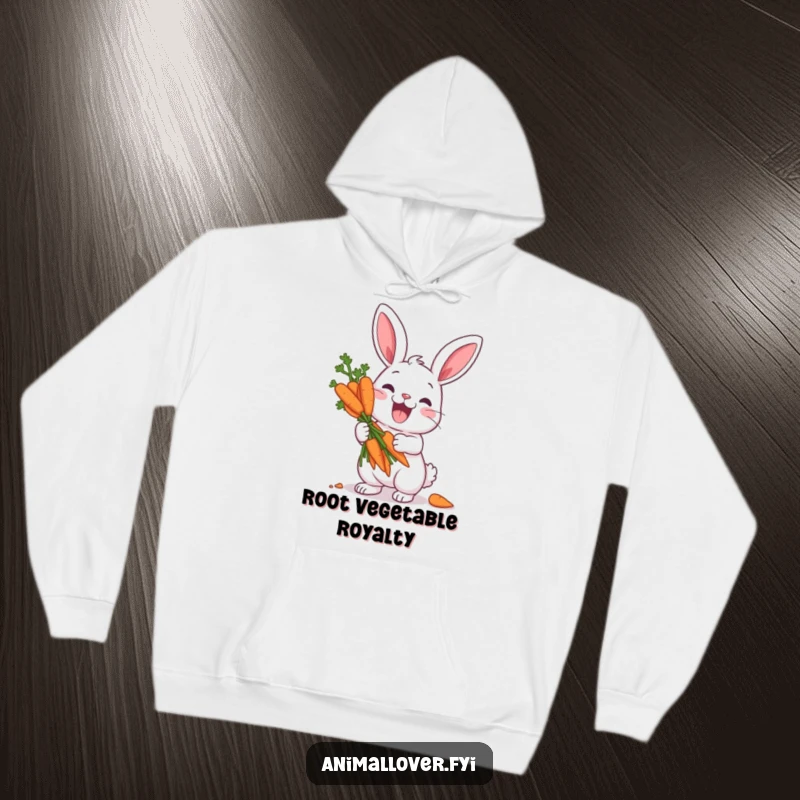 Funny hoodie showcasing a delighted rabbit character holding a bouquet of carrots like a pirate's loot, emphasizing its high value and humor.