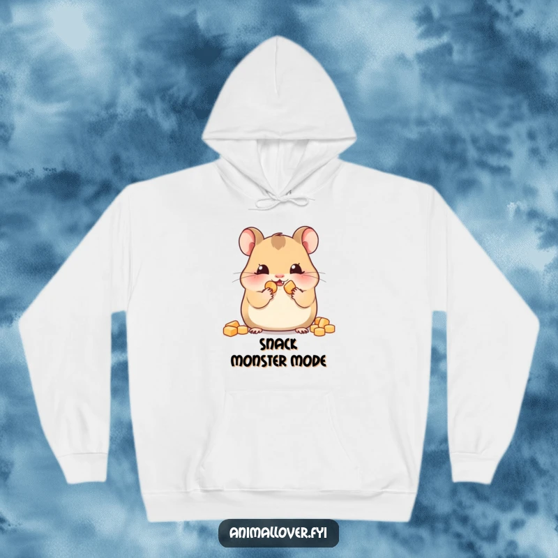 Funny hamster hoodie design of a contented hamster with bulging cheeks, symbolizing a love for snacks and preparedness.