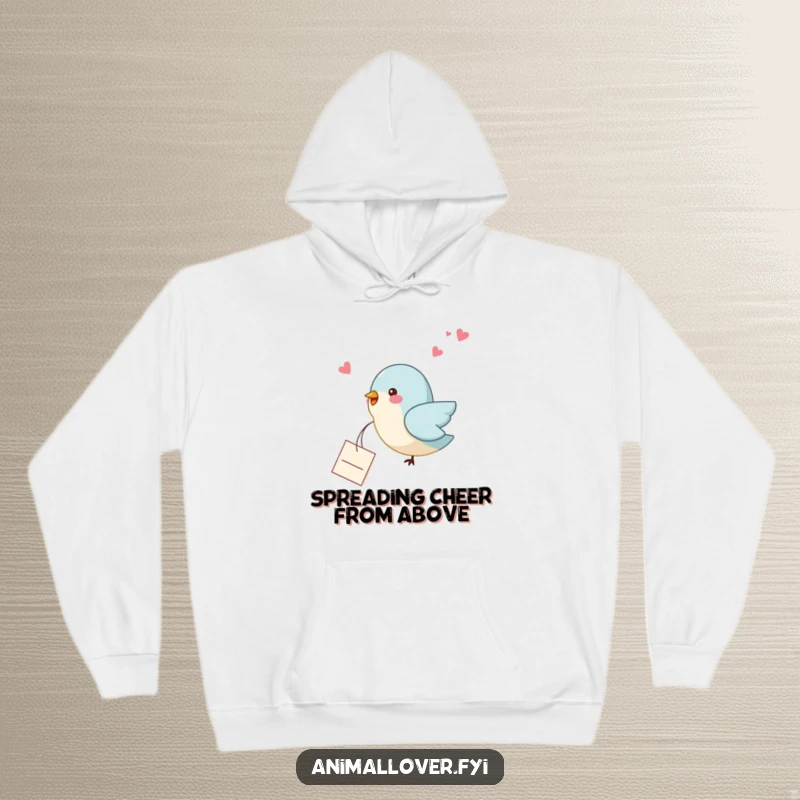Funny bird hoodie featuring a cozy bird in flight, dropping a small love note, perfect for warm and humorous comfort.
