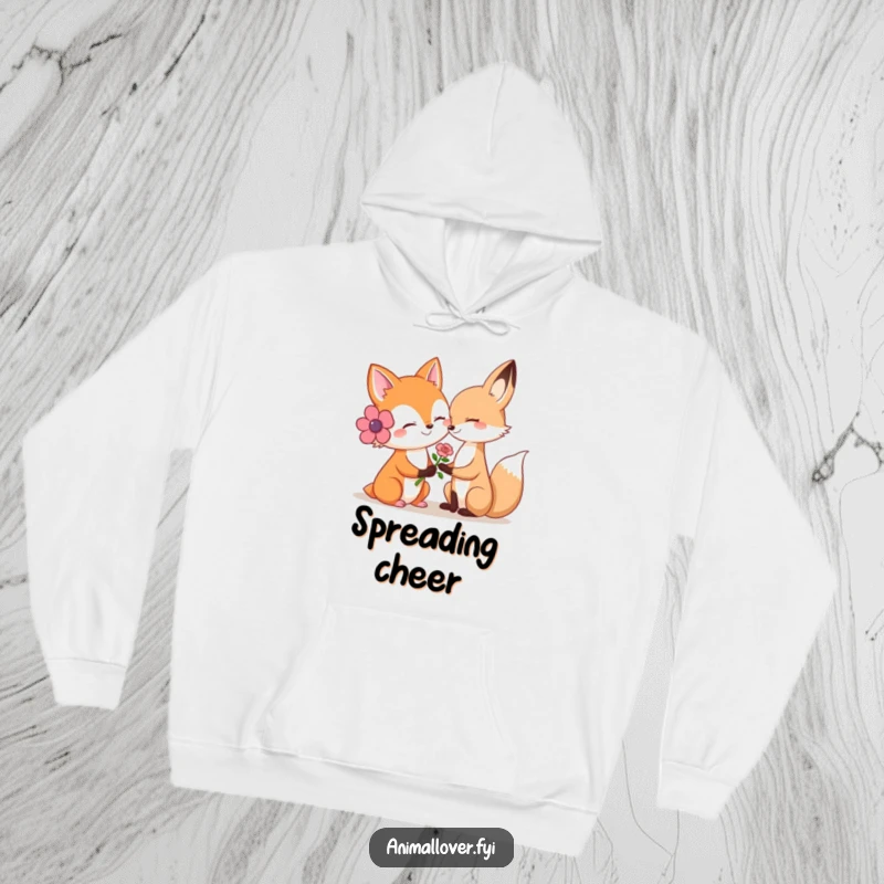 Funny hoodie with a smiling fox offering a flower to another animal, providing warmth and a sweet message.
