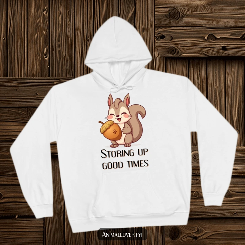 Funny Squirrel Winking Hoodie showing a happy squirrel with a big acorn and a cheeky wink, perfect for staying warm and amused.