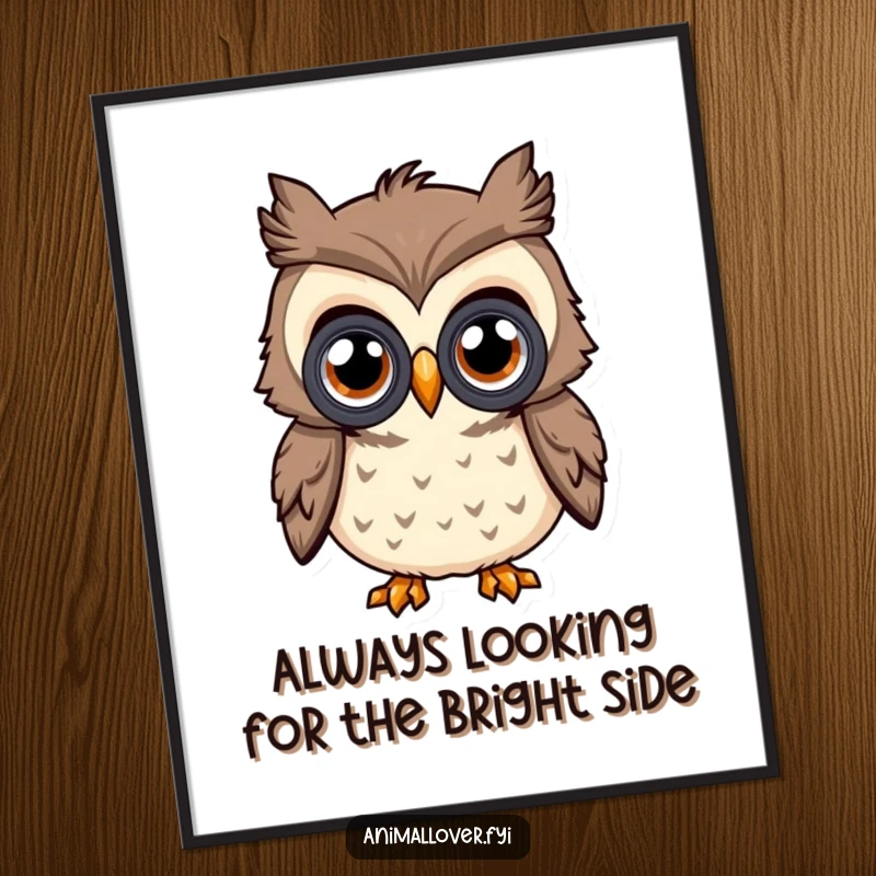 Funny Free Printable Wall Art: Curious owl with oversized eyes uses binoculars, observing the world with humor, downloadable decor.