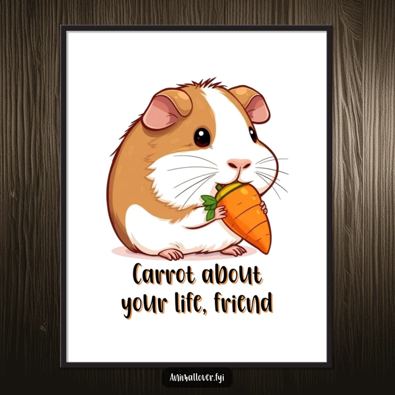 Funny Free Printable Wall Art: A contented guinea pig sits peacefully, nibbling on a miniature carrot with pure joy.