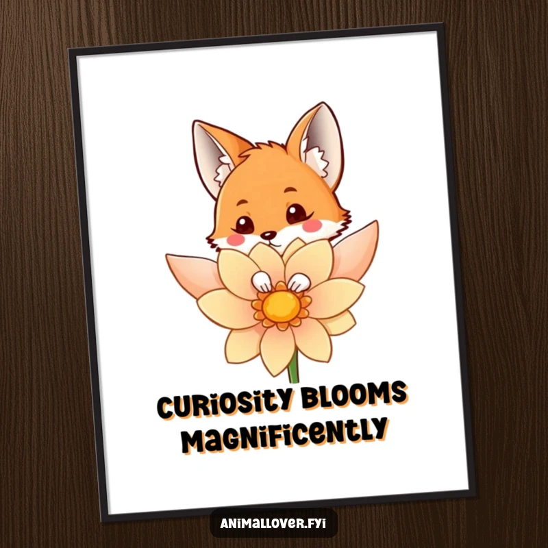 Funny Free Printable Wall Art: A curious fox peeking playfully from behind a large, colorful blooming flower.