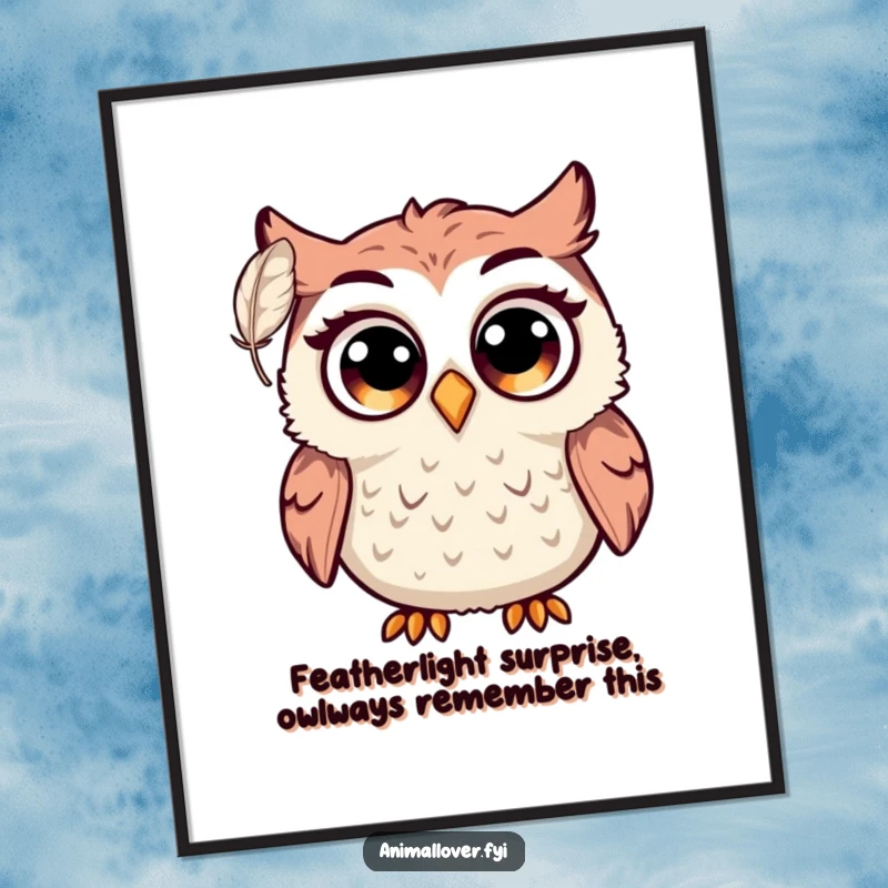 Funny free printable wall art: A wide-eyed owl is comically startled by a single, floating feather in a humorous design.