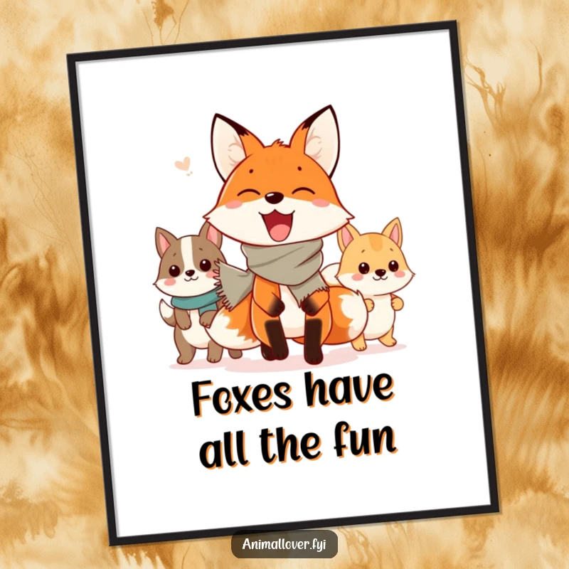 Funny Free Printable Wall Art: Enthusiastic fox in scarf leads a whimsical animal parade, bringing joy and laughter to walls.