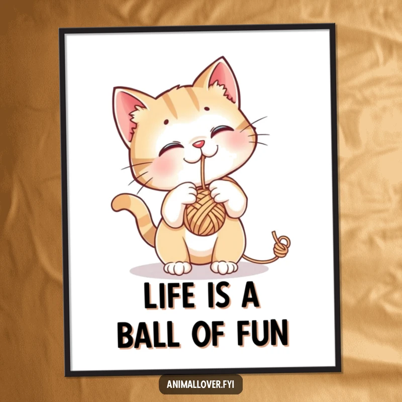 Funny Free Printable Wall Art: A curious cat's paws playfully bat at a colorful dangling yarn ball, full of mischief.