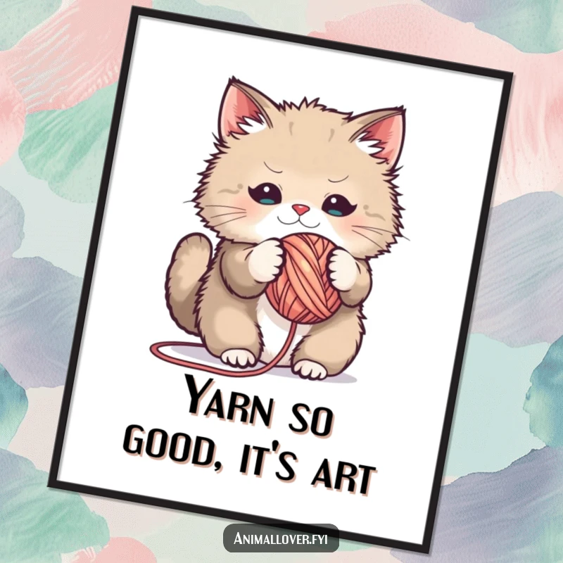 Funny Free Printable Wall Art: Fluffy cat hilariously tangled in a giant yarn ball, creating playful decor.