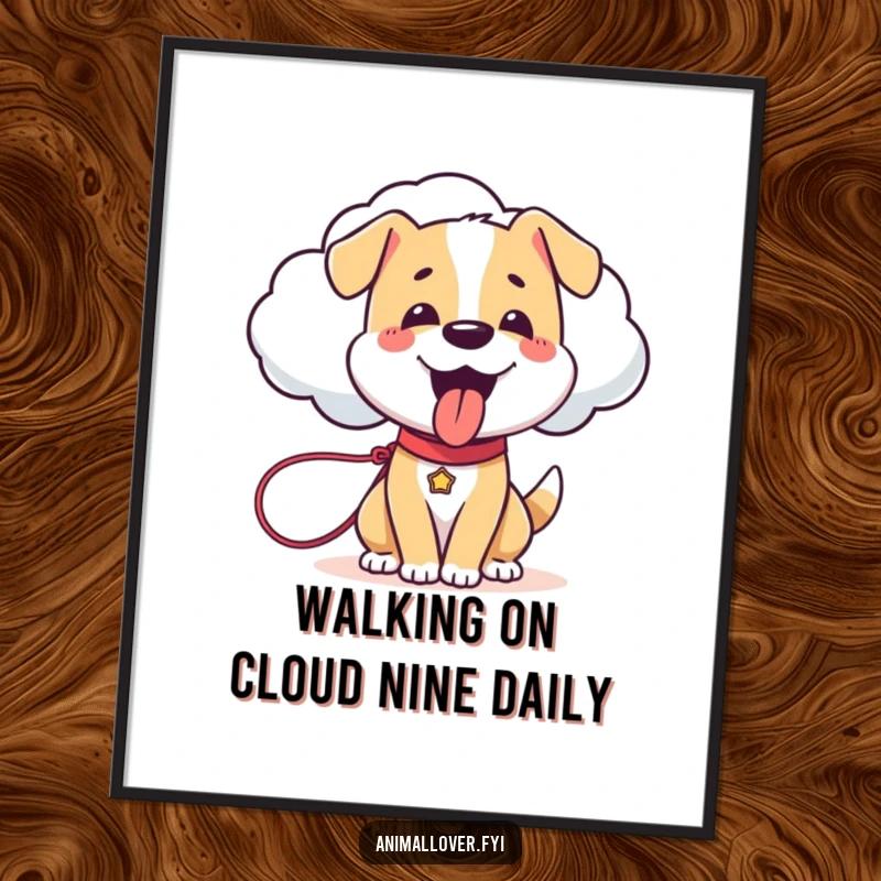 Funny Free Printable Dog Wall Art: A happy dog joyfully walks a sentient cloud on a leash through the sky.
