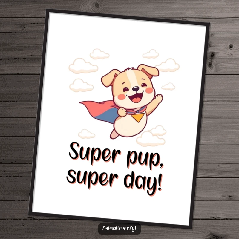 Funny Free Printable Wall Art: A happy dog wearing a cape soars boldly through fluffy clouds, bringing heroic charm.