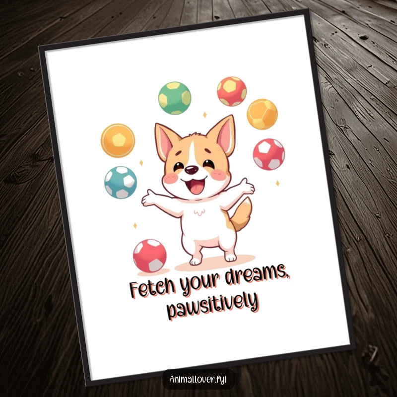 Funny Free Printable Dog Wall Art, happy dog character juggling many colorful balls, energetic and humorous downloadable decor.