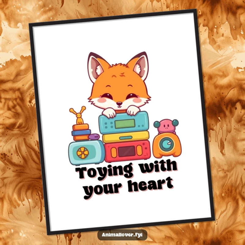 Funny Free Printable Wall Art featuring a cute fox peeking from behind a stack of colorful toys, adding whimsical charm.