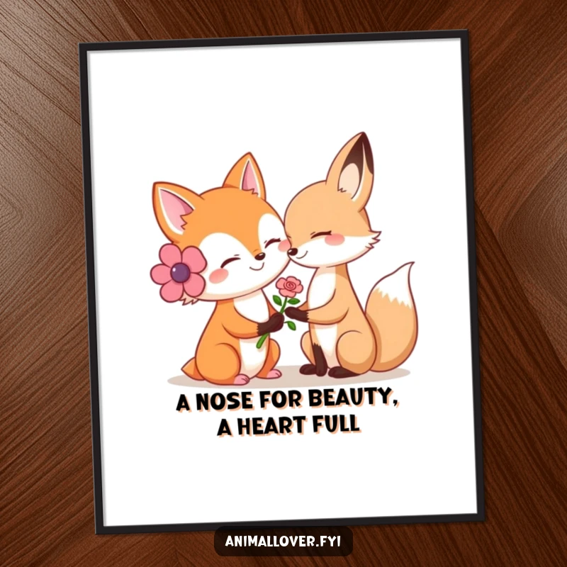Funny Free Printable Wall Art: A smiling fox with a kind expression offers a single, beautiful flower to another depicted animal.