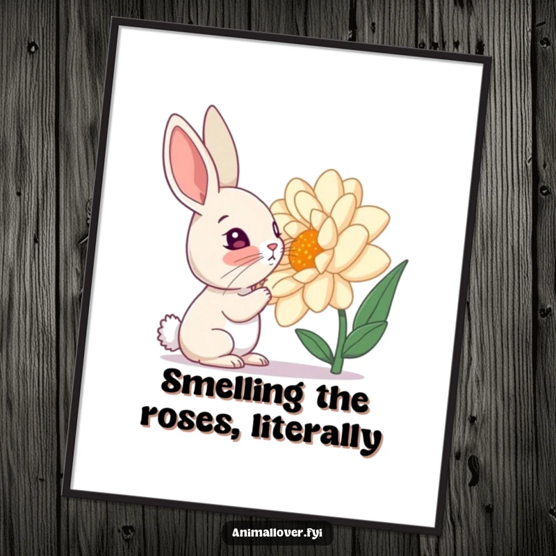 Funny Free Printable Wall Art: A curious rabbit with its nose deep in a giant, vibrant flower.