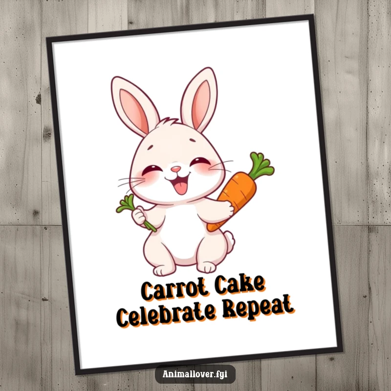 Funny Free Printable Wall Art: A joyful rabbit is captured mid-giggle, clutching a large carrot with pure delight.