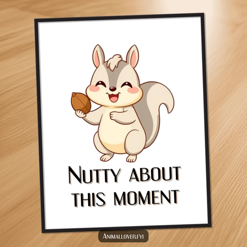 Funny Free Printable Wall Art: A cheerful squirrel with a big smile, offering a large nut as decor.