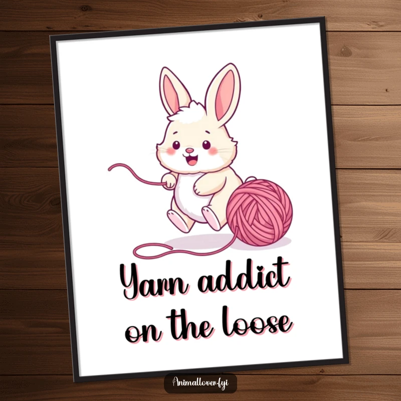 Funny Free Printable Wall Art: An excited bunny in full pursuit of a rolling ball of yarn, full of playful energy.