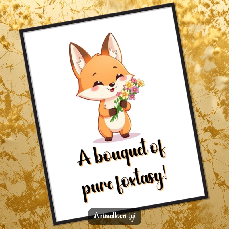 Funny Free Printable Wall Art: A smiling fox proudly displaying a small bouquet of colorful flowers, charming downloadable decor.