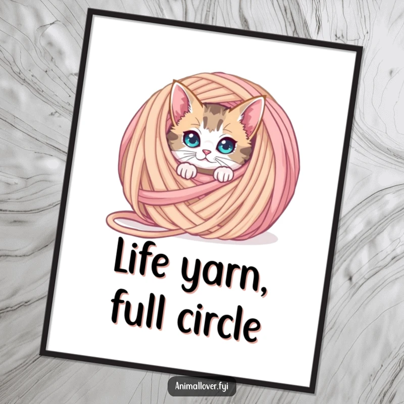 Funny Free Printable Wall Art: A wide-eyed, curious cat peeks playfully from behind a huge, tangled ball of yarn.