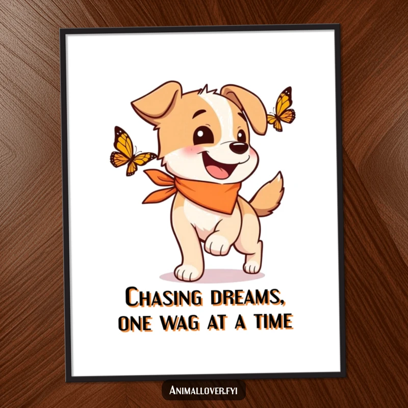 Funny Free Printable Wall Art of a happy dog in a bandana, wagging its tail while joyfully chasing a butterfly.