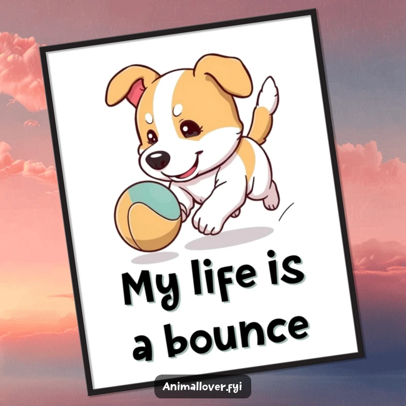 Funny Free Printable Wall Art: A dog character chasing a bouncing ball with intense focus and playful determination.